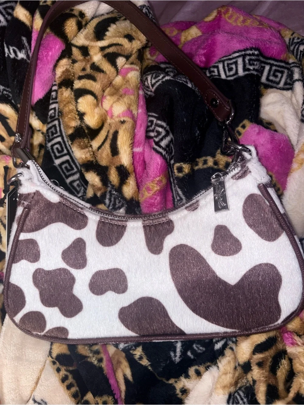 Von Dutch Brown & White Cowprint Shoulder Bag with Silver Chain
